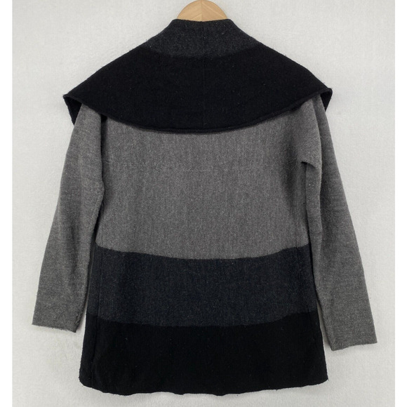 EILEEN FISHER Cardigan S Merino Wool Colorblock Shawl Pin Closure Gray Black - Picture 3 of 12